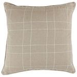 Close-up front view showing detailed linen texture and plaid stitching on tan pillow