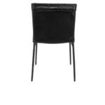 Rear view of black leather chair revealing soft fabric back panel and iron legs