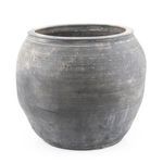 Charcoal gray large pottery jar with smooth round rim photographed with slight angle to show bulk