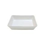 White rectangular stoneware baker with subtle grooved edges and smooth interior surface