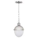 Otis Pendant Small with polished metal top and classic milk glass rounded shade suspended by chain