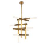 Cass Chandelier with intersecting vertical and horizontal brass arms and frosted acrylic diffusers enclosing LED bulbs