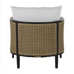 Back view highlighting full woven resin back and black legs of the lounge chair