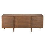 Straight-on front view highlighting symmetrical drawer layout and smooth teak wood surface