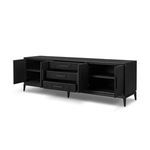 Open cabinet and drawers of Rosenell Media Console showing interior shelving and storage space
