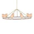 Large chandelier with brushed brass rods and a thin tan leather ring holding 12 linen canister shades