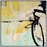 Abstract painting 'Bewilderment' with bold black sweeping lines, soft yellow and blue background, and intricate layered te...