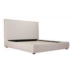 Angled view of bed frame showing fabric wrapped wooden frame and slats