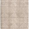 Neutral tan and cream geometric rug with repeating linear diamond and triangle patterns in a high-low pile