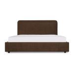 Brown upholstered Simon Storage Bed with rounded headboard and full footboard covering mattress base