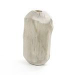 Rotated perspective of Iker vase emphasizing smooth curves and linear cracks along wood surface