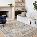 Teagan rug styled in a living room with light grey sofa and modern navy blue armchair.