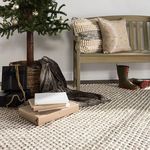 Living room scene with Christmas tree, gifts, bench with pillows, and plush textured rug