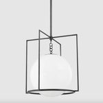 Frankie Large Pendant in old bronze finish showing full pendant with white opal globe in square cage