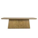 Dining table shown from front view emphasizing wide pedestal base and rectangular tabletop