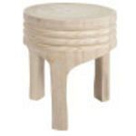 Blurry image of round stool with carved grooves and light wood finish