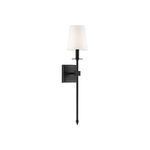 Bronze Monroe 1-light sconce with a long slender body and white fabric shade in a classic contemporary style