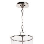 Top view focusing on the polished nickel ceiling mount and chain links attaching pendant to ceiling