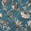 Perrow Wallpaper with vibrant blue background featuring detailed birds, golden floral accents, and leaves