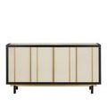 Open doors revealing spacious interior with shelves and three round cable holes inside the credenza