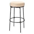 Asteria iron stool with hand-forged black iron base and round beige upholstered seat with tailored lines