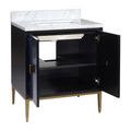 Vanity front with doors open showing shelf and rectangular undermount sink plumbing