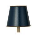 Front view of navy tapered metal shade with gold rim and crackle pattern against white background