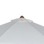 Top vent of cream umbrella canopy featuring wooden finial