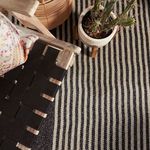 Close-up top view of beige and dark gray ticking stripes on rug under chair and potted plant