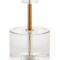 Detailed view of the lamp’s optic crystal disc base and cylindrical element with antique brass stem