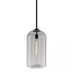 large pendant with smoked glass cylindrical shade and exposed filament bulb, suspended by black cord