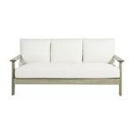 Front view of Ashland Teak Sofa showing three white cushions and straight armrests