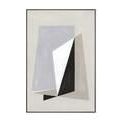 Abstract geometric painting with overlapping gray, white, and black shapes on light gray background