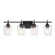 Four-light bath bar with large curved clear glass shades and English bronze finish in a linear design