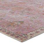 Close-up on soft low pile texture showing pink and beige floral border detail