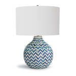 Rounded table lamp with white drum shade and blue and white chevron patterned bone base