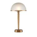 Illuminated lamp front view with soft lighting from frosted dome shade