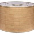 Drum lampshade made of natural raffia with linen trim and brass harp, cylindrical shape in light tan color