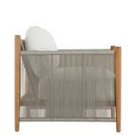 Side profile of chair highlighting vertical beige rope detailing and white cushions