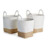 Set of three Madura Market baskets in white and natural woven materials with top handles