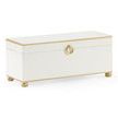 Rectangular cream wooden box with antique gold trim, bun feet, round metal handle, and hinged lid