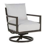 Front view of the swivel rocker outdoor chair with armrests and cushioned seat and back