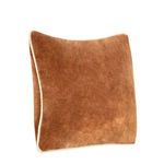 angled front view of pillow highlighting soft velvet sheen and curved rectangular shape with beige piping