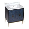 Full frontal angle showcasing vanity’s brass legs, marble backsplash, and blue veneer doors