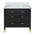 Vanity front close-up showing three drawers with leather wrapped gold drawer pulls and marble countertop