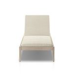 Front view of Sherwood chaise lounge with cream boucle cushions and teak frame, backrest upright