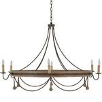 Jean Chandelier with slender metal rods forming scallops around a wooden ring with metal band and elongated drop beads