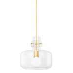 Suspended Lumi Pendant with clear bulbous glass shade and aged brass frame with decorative pins