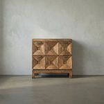 Musashi Walnut 2 Drawer console table in dark walnut with six faceted pyramidal drawer fronts and minimal brass pulls