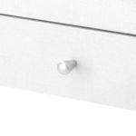 Close-up of round metal knob in a satin finish on single drawer front with white linen texture